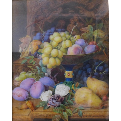 22 - William Hough (1819-1897), still life of plums, pears, grapes and flowers, watercolour, signed and d... 