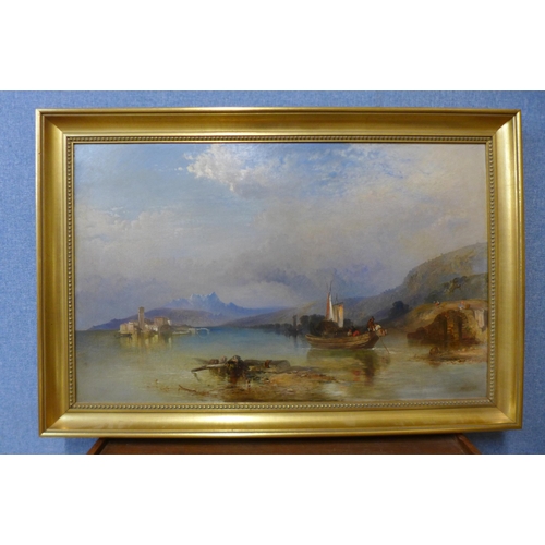 23 - Continental School (19th Century), coastal lake scene with mountains in the distance, oil on canvas,... 