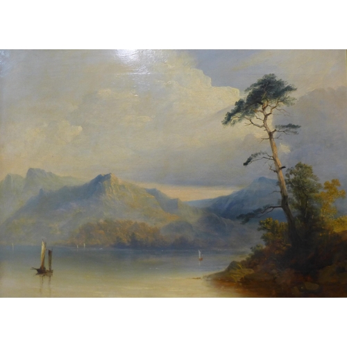 24 - Continental School (19th Century), coastal lake scene with a boat in the foreground and mountains in... 