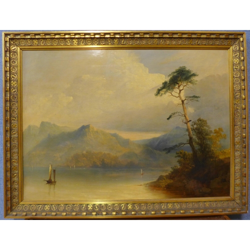 24 - Continental School (19th Century), coastal lake scene with a boat in the foreground and mountains in... 