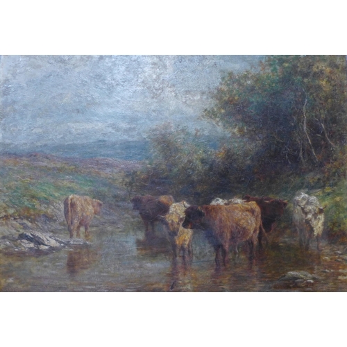 29 - George Cole (19th Century), river landscape with cattle watering, oil on canvas, 35 x 50cms, framed