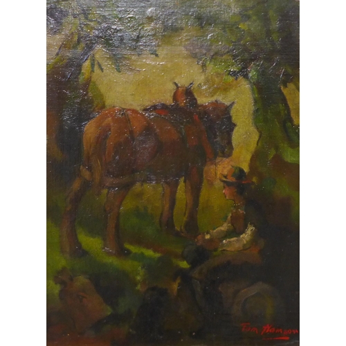 30 - Tom Easom, peasant figure with horse in a clearing, oil on board, 50 x 38cms, framed