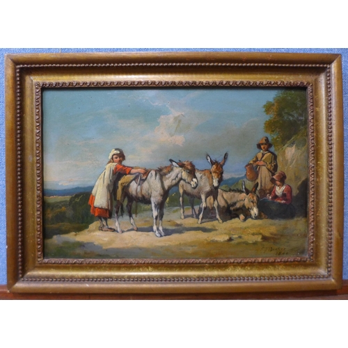 31 - J.F. Barker, children with donkeys, oil on card, signed and dated 1860 lower right, 22 x 34cms, fram... 