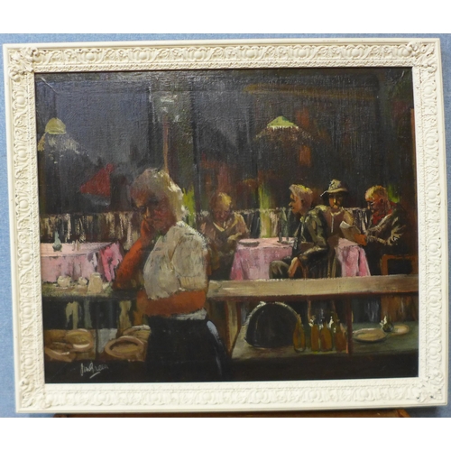 35 - J.M. Green, French style Cafe, Mansfield, oil on canvas, signed and dated 1950, 61 x 74cms, framed