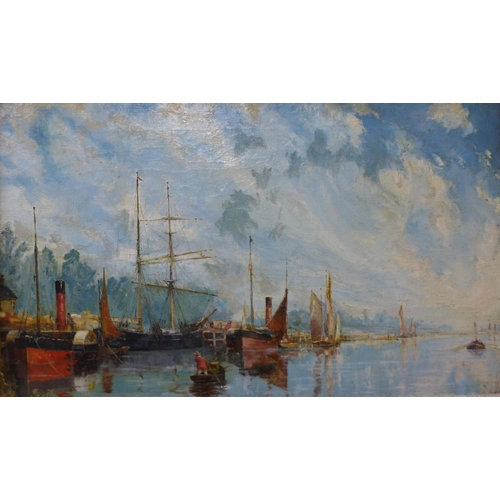 36 - Philip F. Walker, paddle steamer and shipping in an estuary, signed lower left, 44 x 74cms, framed