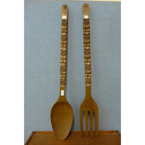 385 - A large wooden spoon and fork