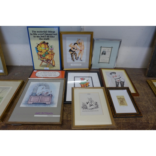 395 - Assorted humorous prints and a signed limited edition etching, including Beryl Cook, Jim Davis print... 