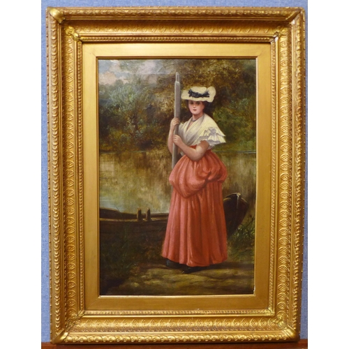 40 - William Oliver (1823-1901), Pre-Raphaelite portrait of a lady and punt by a river, oil on canvas, un... 