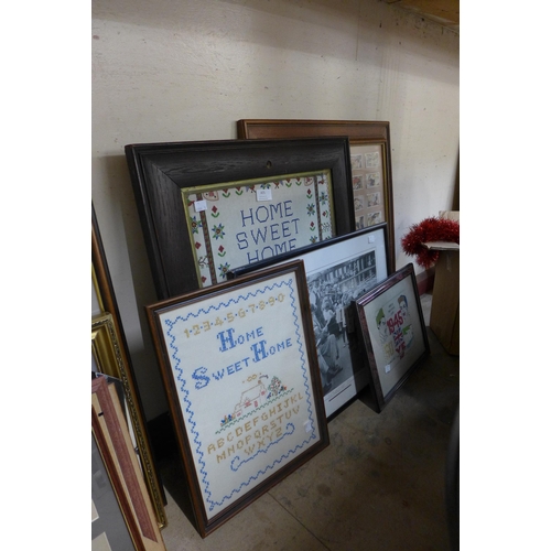 405 - Assorted samplers, a print and a framed set of cigarette cards