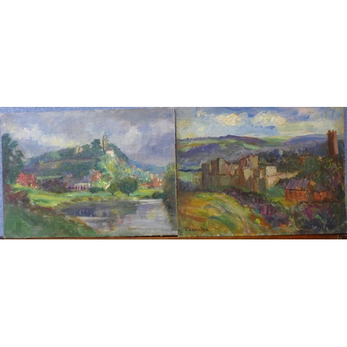 41 - A. Thornton, pair of landscapes, one titled Ludlow, oil on board, 24 x 33cms, unframed