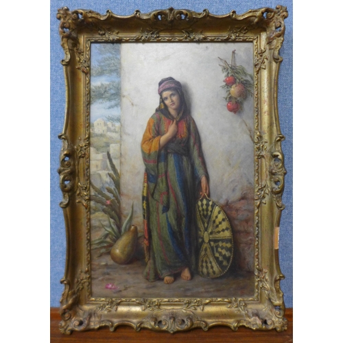 5 - Continental School (19th Century), full length portrait of a young Mediterranean woman, oil on board... 