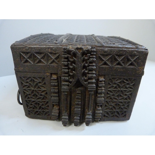 1006 - A 17th Century Cromwellian wood-lined metal dispatch box, 22 x 16.5 x 11.5cm