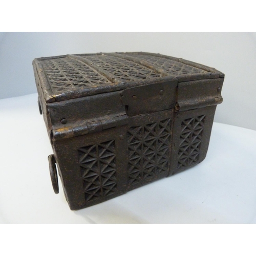 1006 - A 17th Century Cromwellian wood-lined metal dispatch box, 22 x 16.5 x 11.5cm