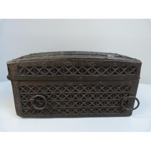 1006 - A 17th Century Cromwellian wood-lined metal dispatch box, 22 x 16.5 x 11.5cm