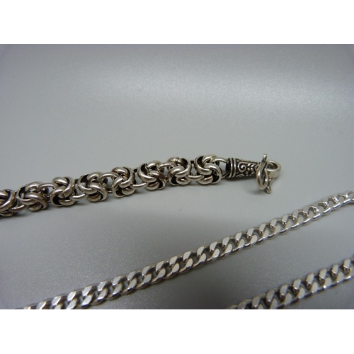 1015 - Two silver neck chains and a silver bracelet, 99g