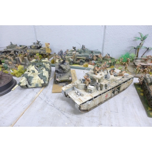 1127 - Seven plastic model dioramas of WWII soldiers and nine military vehicles