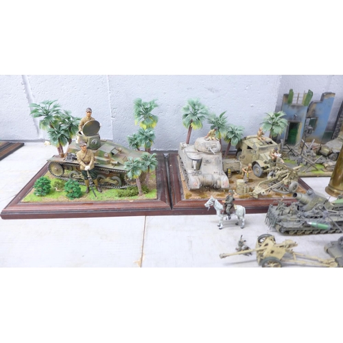 1128 - Four plastic model dioramas of WWII soldiers, five military vehicles, two brass shell cases and thre... 