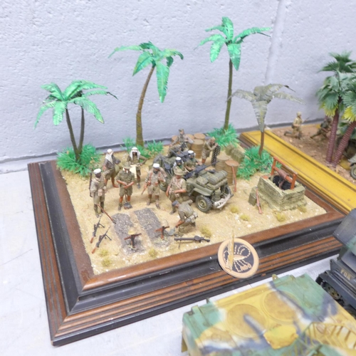 1129 - Two plastic model dioramas of WWII soldiers and six vehicles (five military)