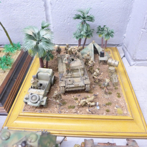 1129 - Two plastic model dioramas of WWII soldiers and six vehicles (five military)