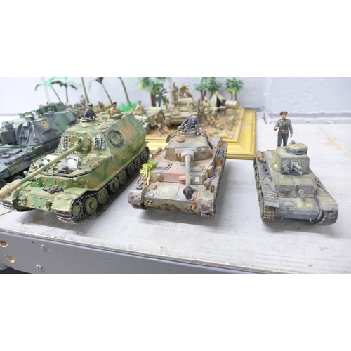 1129 - Two plastic model dioramas of WWII soldiers and six vehicles (five military)