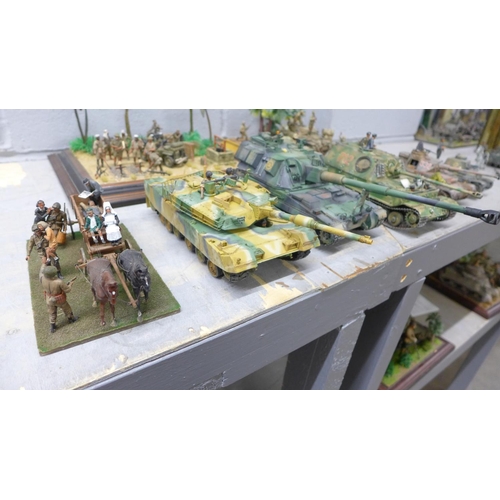 1129 - Two plastic model dioramas of WWII soldiers and six vehicles (five military)