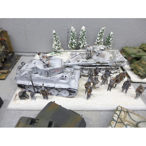 1130 - Four plastic model dioramas of WWII soldiers and five military vehicles