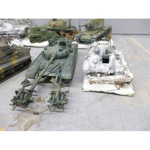 1130 - Four plastic model dioramas of WWII soldiers and five military vehicles