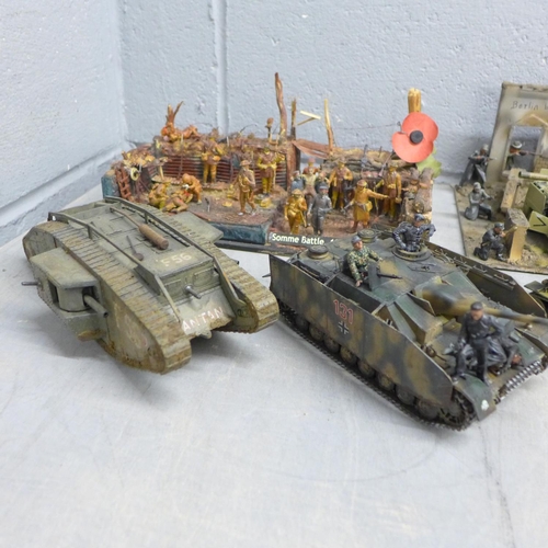 1132 - Five WWI and WWII model dioramas and three military vehicles