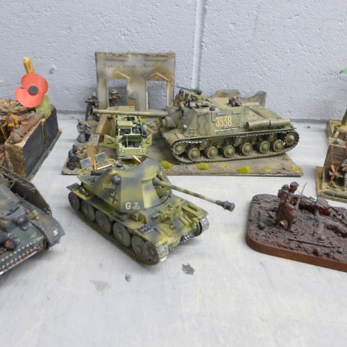 1132 - Five WWI and WWII model dioramas and three military vehicles