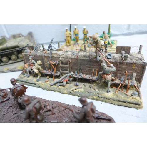 1132 - Five WWI and WWII model dioramas and three military vehicles