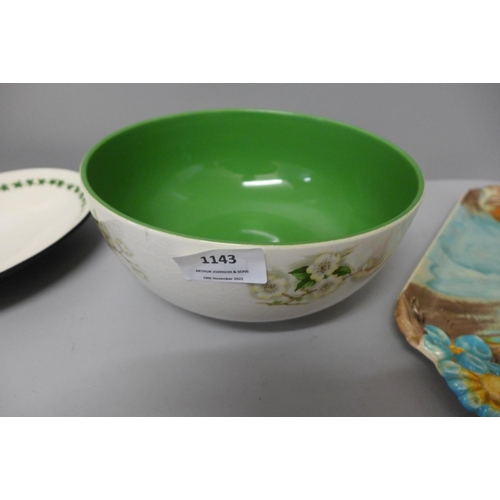 1143 - A Royal Staffordshire Clarice Cliff Blossom Time fruit bowl, a/f, dish and a 1920's Art Deco sandwic... 