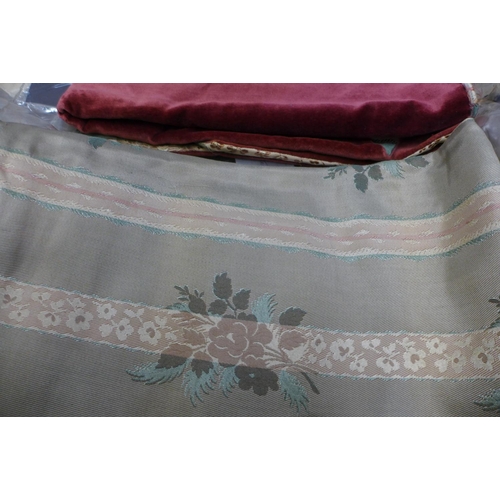 1153 - Material offcuts and two pairs of heavy and lined damask curtains