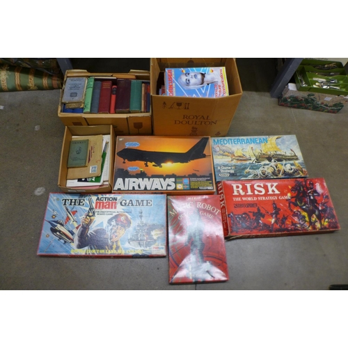 1162 - Five boxes of assorted household items, vintage board games, PC magazines, books and cutlery