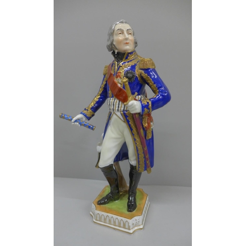 601 - An early 20th Century Dresden figure of Marshal Jean Lannes, 1st Duke of Montebello, 29cm