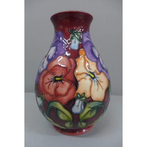 605 - A Moorcroft Pansy pattern vase, signed by Beverley Wilkes, 1998, 19cm