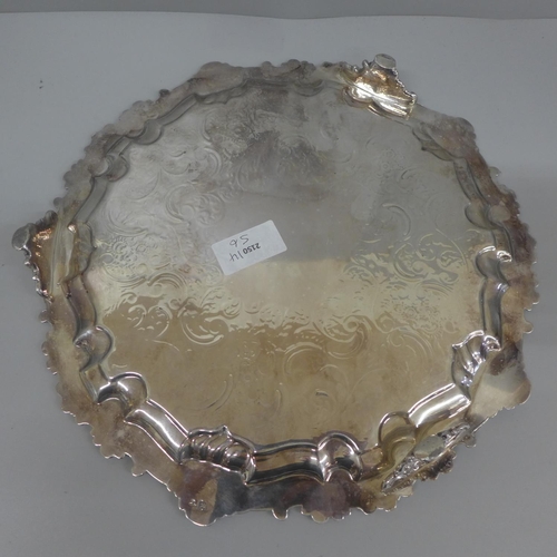 651 - A Sheffield plate salver with cast metal rim, one foot a/f