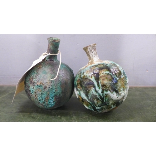 677 - Aki Moriuchi, two studio pottery pots with studio label, 12cm