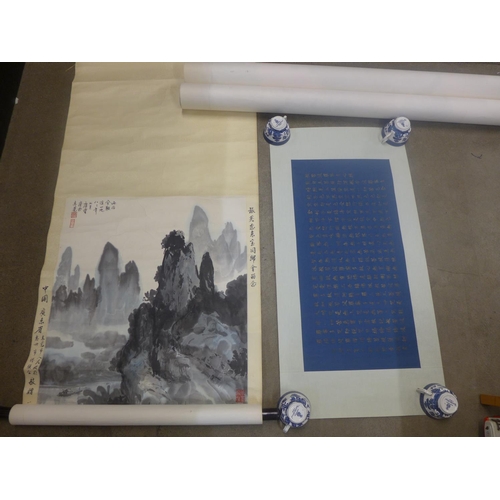 697 - A collection of eleven Chinese hand painted and printed scrolls, plus framed and loose calligraphy a... 