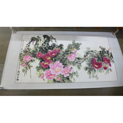 697 - A collection of eleven Chinese hand painted and printed scrolls, plus framed and loose calligraphy a... 