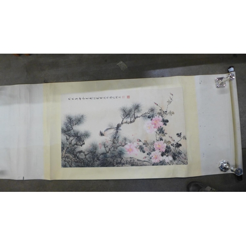 697 - A collection of eleven Chinese hand painted and printed scrolls, plus framed and loose calligraphy a... 