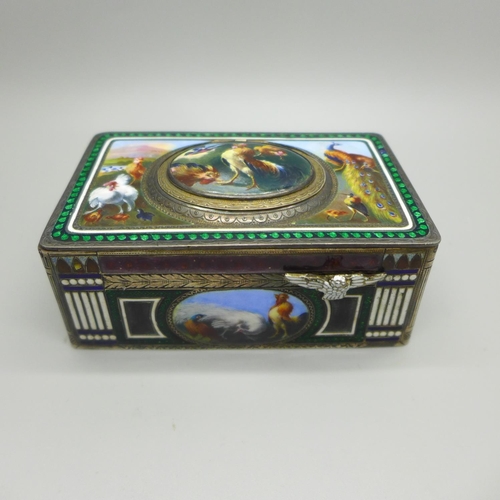 742 - A late 19th Century Swiss rectangular enamel gilt and white metal singing bird automaton music box, ... 