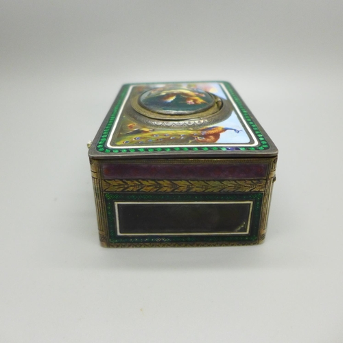 742 - A late 19th Century Swiss rectangular enamel gilt and white metal singing bird automaton music box, ... 