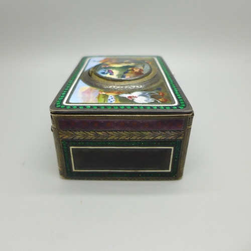 742 - A late 19th Century Swiss rectangular enamel gilt and white metal singing bird automaton music box, ... 