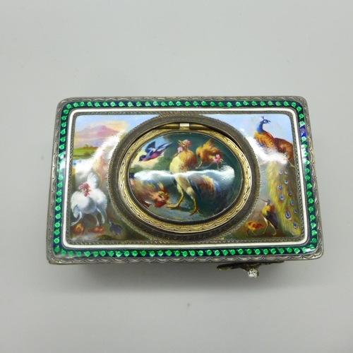 742 - A late 19th Century Swiss rectangular enamel gilt and white metal singing bird automaton music box, ... 