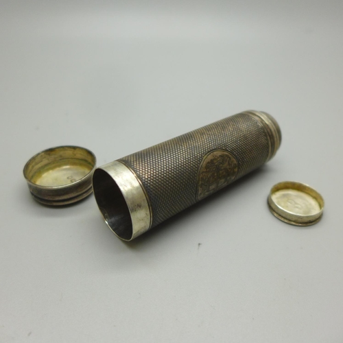 744 - A Victorian silver cylindrical case, lids on both ends, London 1864, 75mm