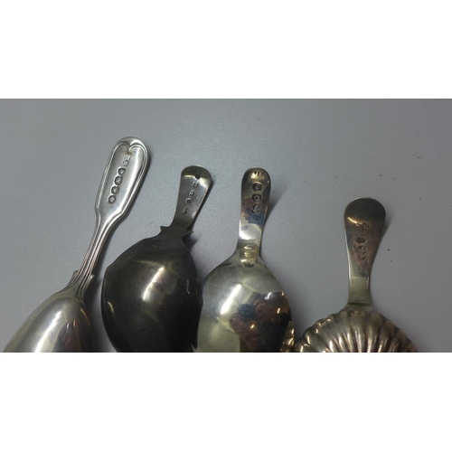 783 - Four 19th century silver caddy spoons, (one a/f, bent)