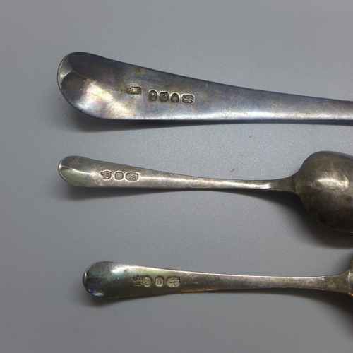 799 - A George III silver serving spoon, London 1798, and two other silver spoons, 120g