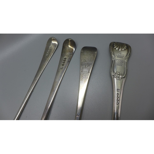 801 - Four large silver serving spoons, 529g