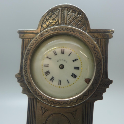 818 - A hallmarked silver 8-days watch case in the form of a grandfather clock, Birmingham 1906, 145mm