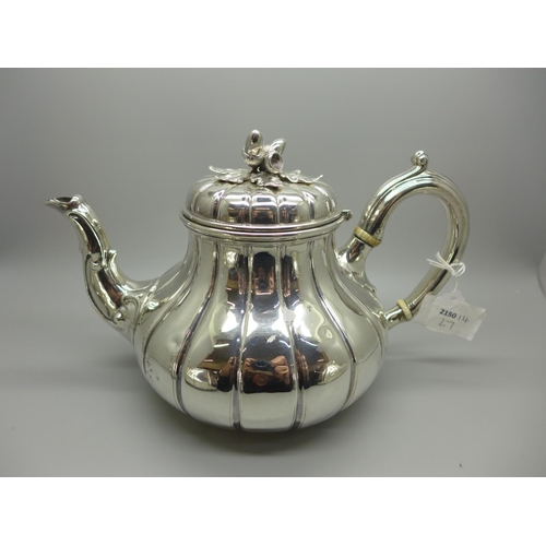 826 - A Victorian silver three piece tea service, London 1855 and 1860, maker BP, 1170g